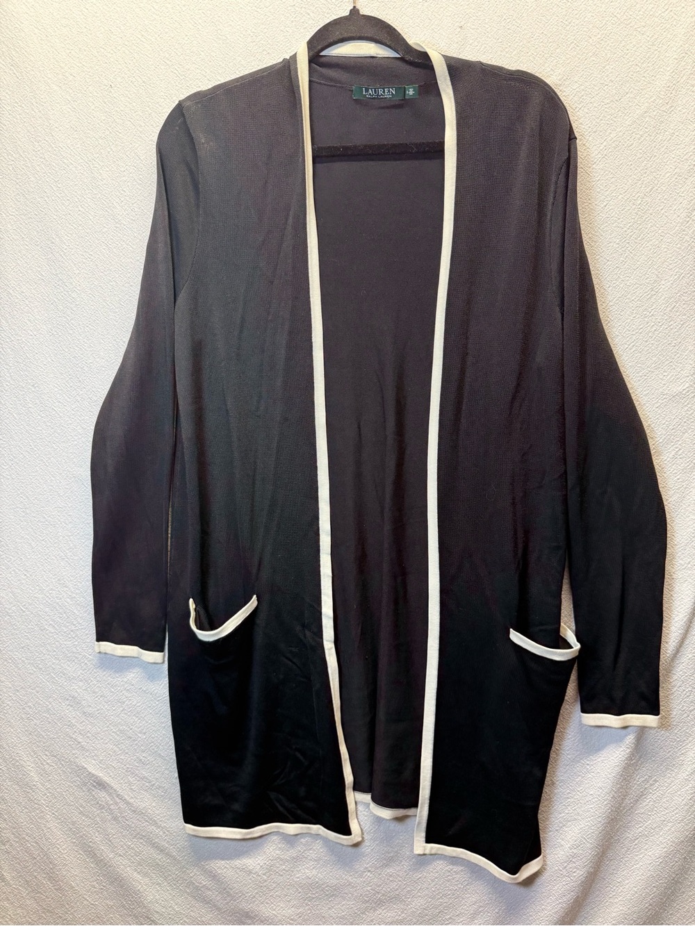 Old Money Lauren Ralph Lauren Womens Cardigan Black White Open
Front Longline M